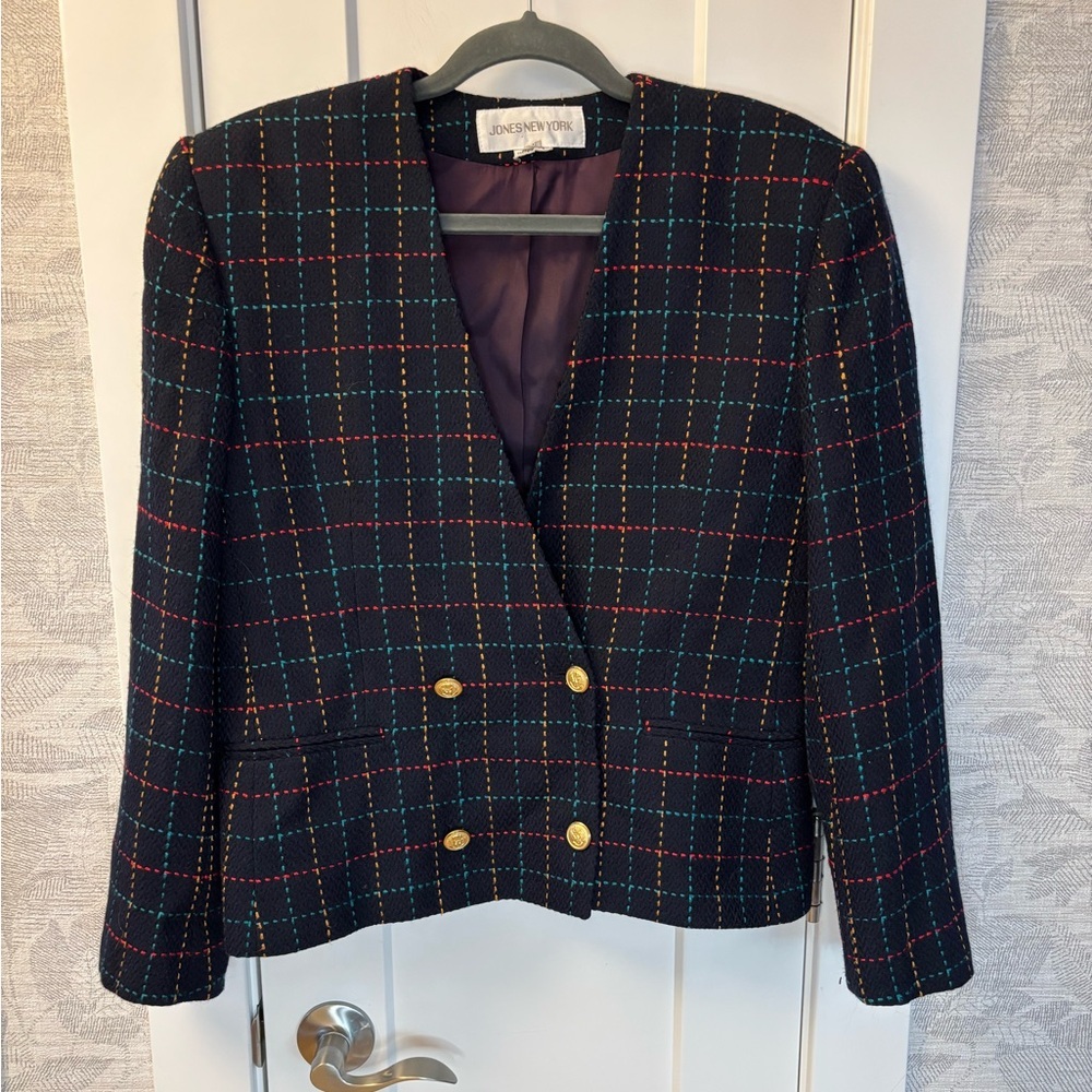 VTG Jones New York Navy Plaid Double Breasted Blazer 12 Cropped Preppy Y2K 90s - Picture 5 of 11